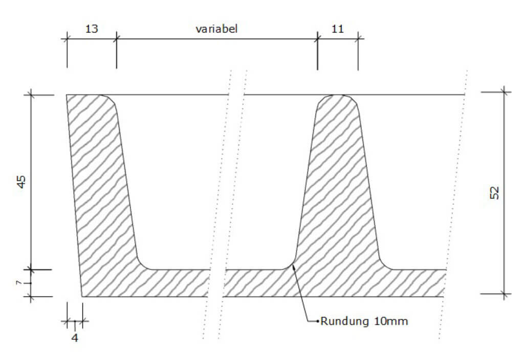 Skizze eines vollmassiven Besteckeinsatzes mit Bemaßung