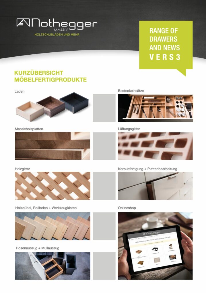 Folder mit der Kurzübersicht der Möbelfertigprodukte auf Deutsch