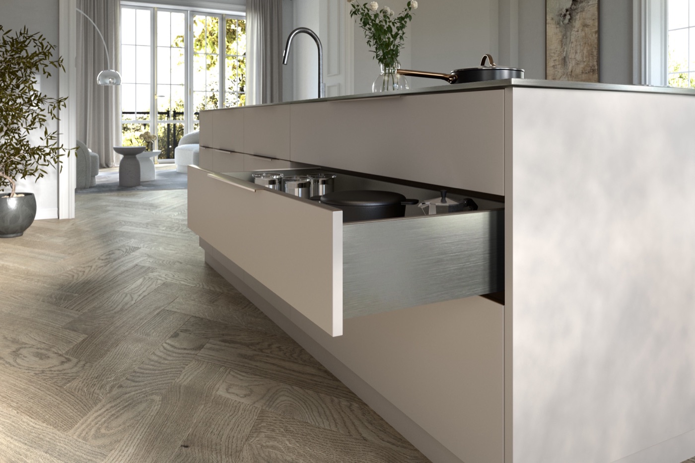 AvanTech YOU Komplettschubkasten mit Edelstahl-Designprofil in der Kücheninsel